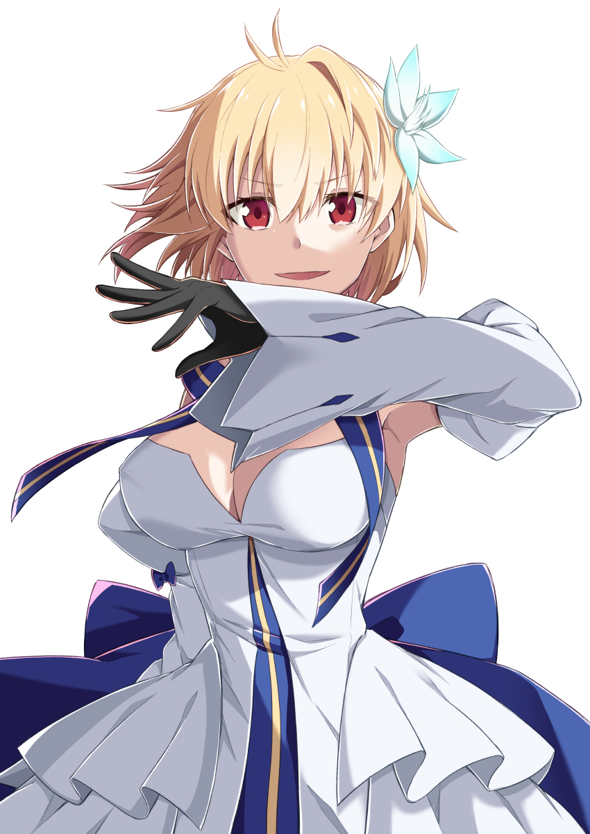 1girl absurdres antenna_hair archetype_earth arcueid_brunestud azami_masurao back_bow black_gloves blonde_hair blue_bow bow breasts cleavage commentary_request detached_sleeves dress fate/grand_order fate_(series) flower gloves hair_between_eyes hair_flower hair_ornament highres looking_at_viewer medium_breasts official_alternate_costume open_mouth red_eyes short_hair simple_background single_hair_intake smile solo tsukihime tsukihime_(remake) white_background white_dress white_flower