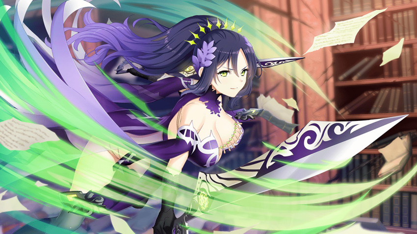 1girl breasts cleavage dana_darrell_domyoji deep_one_kyomu_to_mugen_no_fragment detached_sleeves dress elbow_gloves floating_hair flower gloves green_eyes hair_flower hair_ornament high_ponytail holding holding_weapon large_breasts long_hair looking_at_viewer natsuhiko non-web_source ponytail purple_hair smile solo star_(symbol) sword very_long_hair weapon