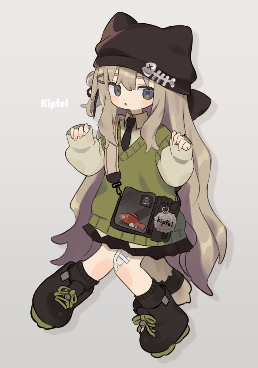 07niji_n 1girl :o animal_ears animal_hat bag bandaid bandaid_on_knee bandaid_on_leg beanie black_necktie black_ribbon black_shoes black_skirt black_socks blush boots brown_hair cat_ears cat_girl cat_hat cat_tail character_name charm_(object) collared_shirt drop_shadow fake_animal_ears fish fish_hair_ornament full_body green_eyes grey_background hair_between_eyes hair_bun hair_ornament hair_ribbon hairclip hands_up hat highres kipfel_(vrchat) knees_together_feet_apart long_hair long_sleeves looking_at_viewer loose_socks miniskirt necktie one_side_up open_mouth parted_lips pigeon-toed pinching_sleeves pleated_skirt ribbon shirt shoes shoulder_bag sidelocks simple_background single_side_bun skirt sleeves_past_wrists sneakers socks solo sweater sweater_vest tail tie_clip very_long_hair vrchat white_shirt