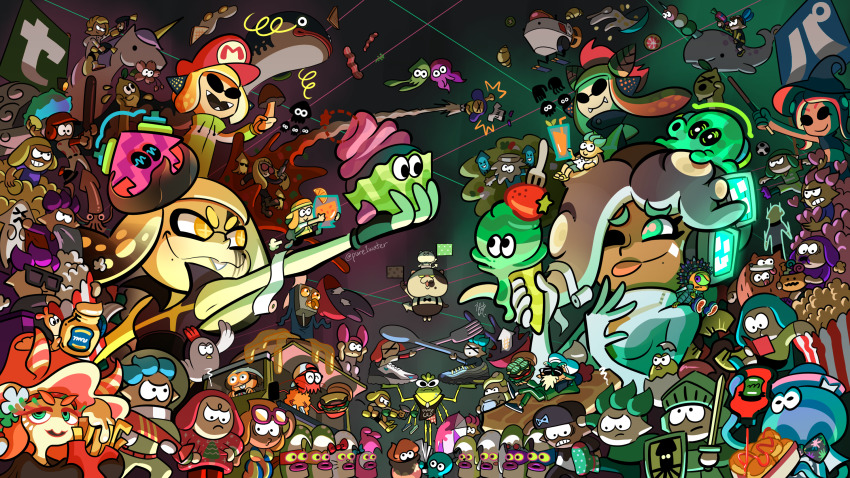 6+girls armor bird c.q._cumber_(splatoon) cap&#039;n_cuttlefish chibi chicken craymond_(splatoon) crusty_sean cupcake dango eating everyone flow_(splatoon) food fork hat highres ice_cream inkling inkling_boy inkling_girl inkling_player_character jellyfish_(splatoon) marina_(splatoon) mole mole_under_mouth multiple_girls narwhal nintendo octoling octoling_player_character octopus pearl_(splatoon) pointy_ears pure1water riding sheldon_(splatoon) shield shiganii_(splatoon) splatoon_(series) splatoon_2 spoon squid sweater sword tentacle_hair unicorn wagashi weapon witch witch_hat zapfish