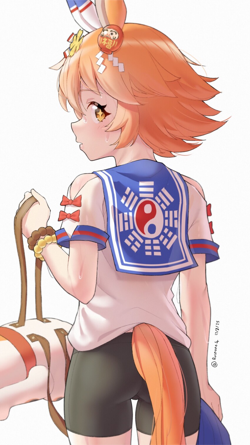 +_+ 1girl absurdres animal_ears ass bare_shoulders bead_bracelet beads bike_shorts blue_sailor_collar bracelet closed_mouth clothing_cutout clover_hair_ornament commentary_request cowboy_shot daruma_doll dated ear_covers flipped_hair four-leaf_clover_hair_ornament from_behind hair_ornament highres holding holding_unworn_clothes holding_unworn_skirt horse_ears horse_girl horse_tail jewelry looking_at_viewer looking_back maneki-neko matikanefukukitaru_(umamusume) orange_hair ruinone sailor_collar school_uniform serafuku shirt short_hair shoulder_cutout simple_background single_ear_cover skirt solo sweat tail twitter_username umamusume unworn_skirt white_background white_shirt yellow_eyes