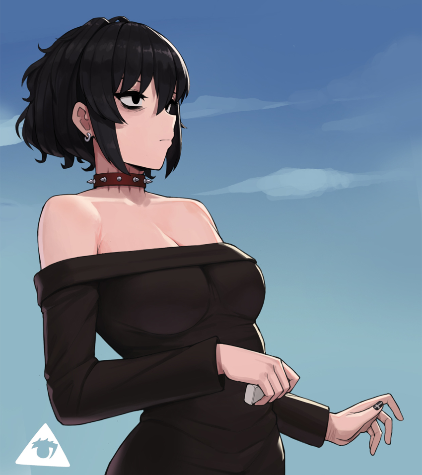 1girl alternate_breast_size artist_logo bags_under_eyes black_dress black_hair black_lagoon black_nails blue_sky breasts cleavage collar collarbone day donburi_(donburikazoku) dress earrings electrolarynx fingernails frederica_sawyer goth_fashion highres jewelry large_breasts logo long_sleeves nail_polish no_bra off-shoulder_dress off_shoulder scar scar_on_neck self-harm short_hair sky solo spiked_collar spikes sweater sweater_dress