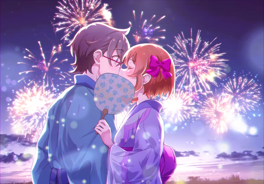 1boy 1girl blush closed_eyes closed_mouth couple face-to-face fireworks floral_print glasses highres inukai_iroha japanese_clothes kimono kiss kyoutsuugengo light light_rays long_sleeves night night_sky obi orange_hair parted_bangs precure ribbon sash short_hair sky summer surprised torn_hair_ribbon toyama_satoru uchiwa_(medium) upper_body wonderful_precure! yukata