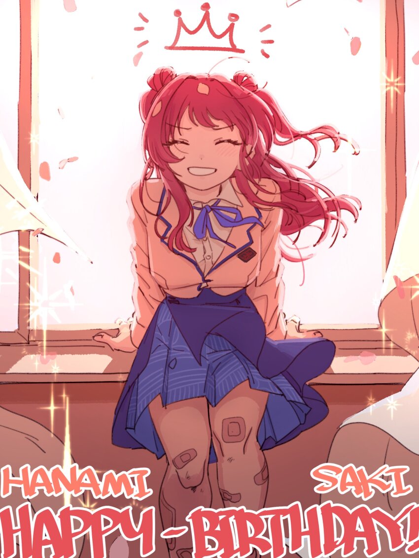 1girl ^_^ absurdres arm_support bandaid bandaid_on_leg blazer blue_skirt blush character_name classroom closed_eyes crown falling_petals floating_hair gakuen_idolmaster grin hanami_saki happy_birthday highres hobgoblin-kim idolmaster indoors jacket neck_ribbon petals ribbon skirt smile solo two_side_up