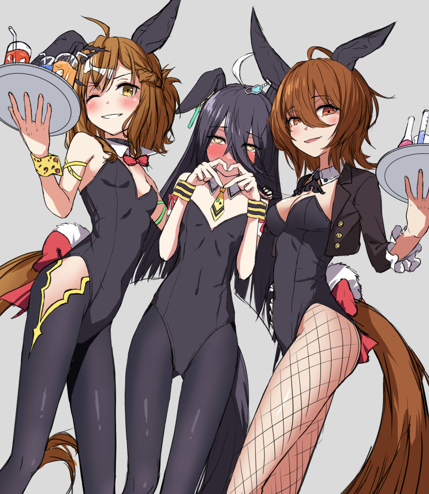 3girls absurdres agnes_tachyon_(umamusume) ahoge animal_ears ascot black_ascot black_hair black_jacket black_leotard black_pantyhose black_tail bow bowtie breasts brown_hair brown_tail choker clothing_cutout cropped_jacket crossed_bangs cup detached_collar double-parted_bangs drinking_glass drinking_straw dutch_angle ear_covers fake_tail feet_out_of_frame fishnet_pantyhose fishnets frilled_sleeves frills grey_background hair_between_eyes hair_ornament highres holding holding_tray horse_ears horse_girl horse_tail jacket jam_(umamusume) jungle_pocket_(umamusume) leotard long_hair manhattan_cafe_(umamusume) medium_breasts medium_hair multiple_girls necktie nontraditional_playboy_bunny orange_eyes pantyhose rabbit_tail red_bow red_bowtie reo-illust4696 short_necktie three-quarter_sleeves small_breasts standing strapless strapless_leotard suit_jacket tail thigh_cutout tray umamusume wrist_cuffs yellow_eyes yellow_necktie yellow_wrist_cuffs