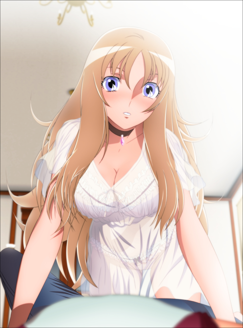 10s 1girl absurdres all_fours aquila_yuna blonde_hair blue_eyes blush bra breasts cleavage highres large_breasts legs lingerie long_hair looking_at_viewer lying panties pegasus_koga saint_seiya saint_seiya_omega see-through_clothes thighs underwear wavy_hair yadokari_genpachirou