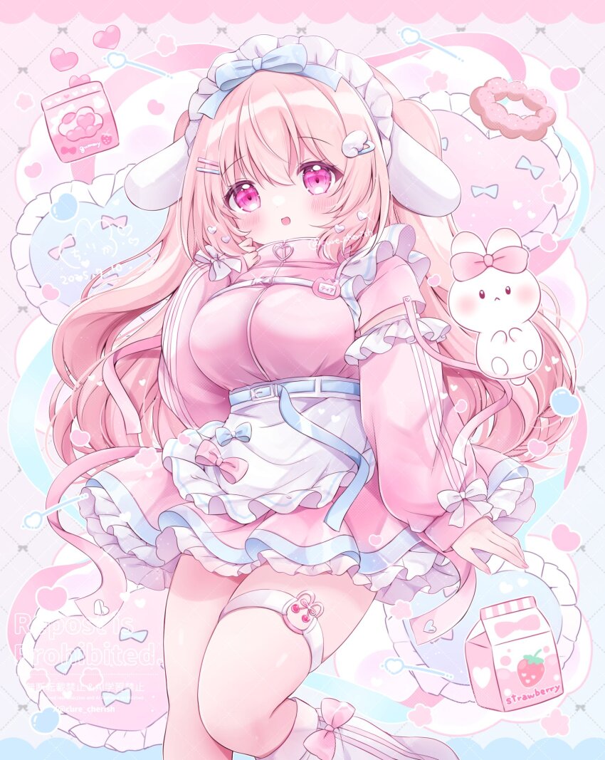 1girl animal_ears apron blush bow breasts character_name chiika_(cure_cherish) frills hair_ornament headdress highres jacket jersey_maid large_breasts long_hair long_sleeves looking_at_viewer maid maid_apron milk_carton name_tag open_mouth original pink_bow pink_eyes pink_hair pink_jacket pink_skirt rabbit skirt smile thigh_strap unconventional_maid white_apron yume_kawaii