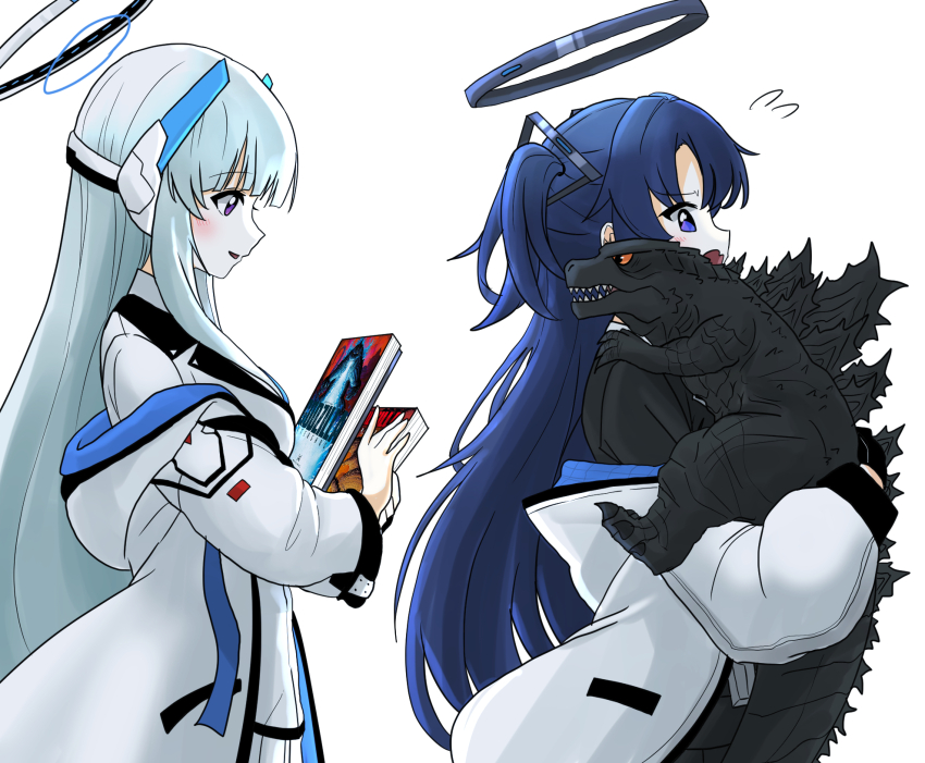 2girls black_buruma black_halo black_pantyhose blue_archive blue_buruma blue_eyes blue_necktie blush breasts buruma claws collared_shirt crossover fangs formal_clothes godzilla godzilla:_king_of_the_monsters godzilla_(2014) godzilla_(monsterverse) godzilla_(series) godzilla_vs._kong godzilla_x_kong:_the_new_empire grey_hair gun gym_uniform hair_ornament halo headgear headphones highres ibuki_(tulta_icon) jacket jacket_partially_removed jaw kaiju king_kong_(series) lanyard legendary_pictures long_hair long_sleeves long_tail mechanical_halo monster monsterverse multiple_crossover multiple_girls necktie noa_(blue_archive) open_mouth orange_eyes pantyhose purple_eyes purple_hair reptilian scales sharp_teeth shirt sig_mpx skirt spikes spines submachine_gun suit tail teeth toho track_jacket triangle_hair_ornament two-sided_fabric two-sided_jacket two_side_up very_long_hair weapon white_hair white_halo white_jacket white_shirt white_skirt white_suit yuuka_(blue_archive)