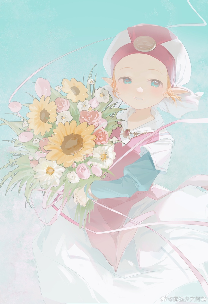 1girl absurdres blue_background blue_eyes blush bouquet child chinese_commentary commentary_request cowboy_shot dress flower grin hat highres holding holding_bouquet jewelry long_dress long_sleeves looking_at_viewer necklace nintendo orange_hair pink_flower pink_rose pointy_ears princess_zelda rose smile solo standing sunflower the_legend_of_zelda the_legend_of_zelda:_ocarina_of_time triforce white_flower young_zelda yun_(dl2n5c7kbh8ihcx)