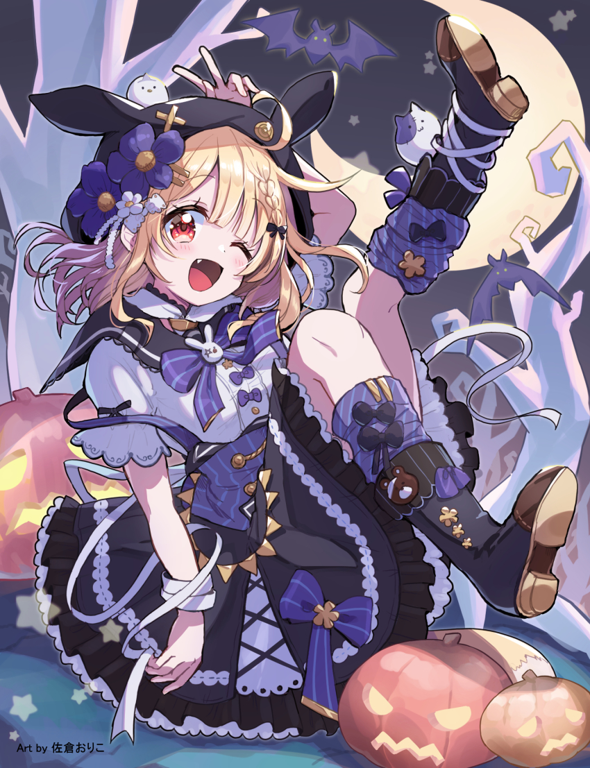 1girl ;d arm_up artist_name bandaged_arm bandages bare_tree bat_(animal) black_boots black_skirt blonde_hair blue_socks boots bow bowtie bracelet cat commentary crescent_moon derivative_work fang flower hair_flower hair_ornament halloween halloween_costume high-waist_skirt highres horse_head jack-o&#039;-lantern jewelry leg_up looking_at_viewer loose_socks medium_hair moon nonono_(1399900) one_eye_closed open_mouth original puffy_short_sleeves puffy_sleeves purple_bow purple_bowtie red_eyes sakura_oriko shirt short_sleeves skirt smile socks solo tree v white_shirt