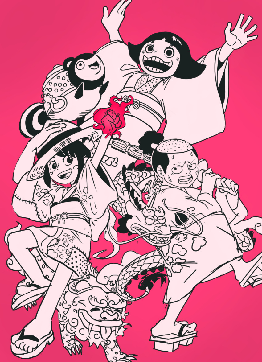 1girl 2girls animal arms_up black_eyes black_hair blush blush_stickers bokken bunbuku_(one_piece) child clenched_hand closed_eyes dragon eastern_dragon fangs flaming_hand full_body hand_on_headwear hat high_ponytail highres holding holding_sword holding_weapon japanese_clothes kimono komachiyo kouzuki_momonosuke kurozumi_tama looking_ahead monochrome multiple_girls multiple_persona nervous nighzenguxhel one_piece open_mouth pink_background pink_theme ponytail sandals sanpaku short_hair simple_background smile standing standing_on_one_leg straw_hat sweat sword tareme teeth toko_(one_piece) tongue tongue_out v-shaped_eyebrows very_short_hair weapon wooden_sword