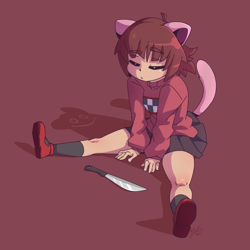 1girl animal_ears black_socks black_skirt brown_hair cat_ears cat_girl cat_tail closed_mouth expressionless closed_eyes facing_viewer highres kneehighs knife kyukkyu-kun long_sleeves madotsuki medium_hair pleated_skirt red_background red_footwear red_sweater ryou_sakai simple_background sitting skirt socks solo sweater tail yume_nikki