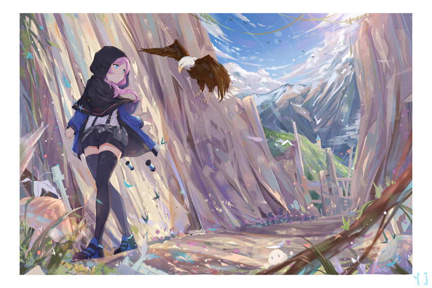 1girl absurdres arknights arm_at_side bald_eagle belt bird black_cloak black_shoes black_shorts black_thighhighs blue_eyes blue_jacket blue_poison_(arknights) blue_shoes blue_sky border bright_pupils building canyon cloak closed_mouth cloud commentary_request day eagle expressionless flower full_body grey_belt highres hood hooded_cloak jacket long_sleeves looking_at_animal looking_back mountain multicolored_shoes open_clothes open_jacket outdoors parted_bangs pink_hair scenery shirt shoes shorts sky solo suspenders thighhighs walking white_border white_flower white_pupils white_shirt yajuu zettai_ryouiki