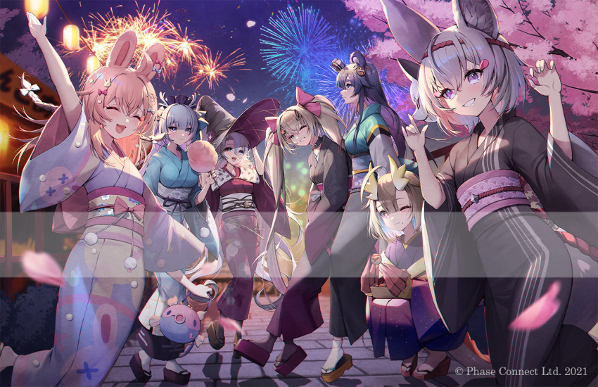 6+girls aerial_fireworks ahoge animal_ear_fluff animal_ears animal_print antlers arm_up bear_ears bear_girl black_footwear black_headwear black_kimono blonde_hair blue_bow blue_hair blue_kimono bow braid breasts cherry_blossoms claws closed_eyes closed_mouth copyright_notice cotton_candy deer_antlers deer_girl dragon_girl dragon_horns festival fireworks food fox_ears fox_girl fox_mask fujikura_uruka grey_hair hair_bow hair_ornament hakushika_iori hat holding holding_cotton_candy holding_food horns japanese_clothes kimono maid_headdress mask mask_on_head medium_breasts monini multicolored_kimono multiple_girls night night_sky obi official_art okobo one_eye_closed open_mouth phase_connect pink_bow pink_eyes pink_hair pink_sash pipkin_pippa platform_sandals pom_pom_(clothes) purple_eyes purple_hair rabbit_ears rabbit_girl rabbit_hair_ornament rabbit_print red_kimono rinkou_ashelia sandals sash shadow shisui_michiru_(phase_connect) sky small_breasts star_(symbol) star_hair_ornament tabi takoyaki tenma_maemi twintails utatane_nasa virtual_youtuber wide_sleeves witch_hat yellow_sash