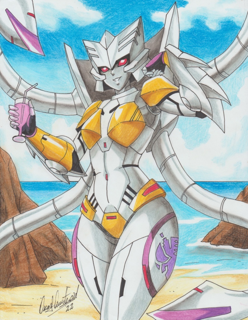 1girl 2022 absurdres alien beach beast_wars beast_wars:_transformers cup day drinking_glass energon highres humanoid_robot mechanical_arms mechanical_legs mechanical_tentacles ocean predacon ravernclouk_design red_eyes robot scylla_(transformers) tentacles traditional_media transformers wine_glass