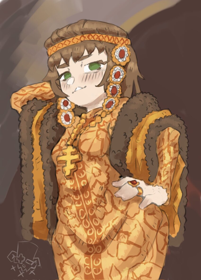 1girl arm_up brown_hair byzantine_clothes cross cross_necklace dress green_eyes highres jewelry medium_hair mr_banzai necklace orange_dress original orthodox_cross ring solo
