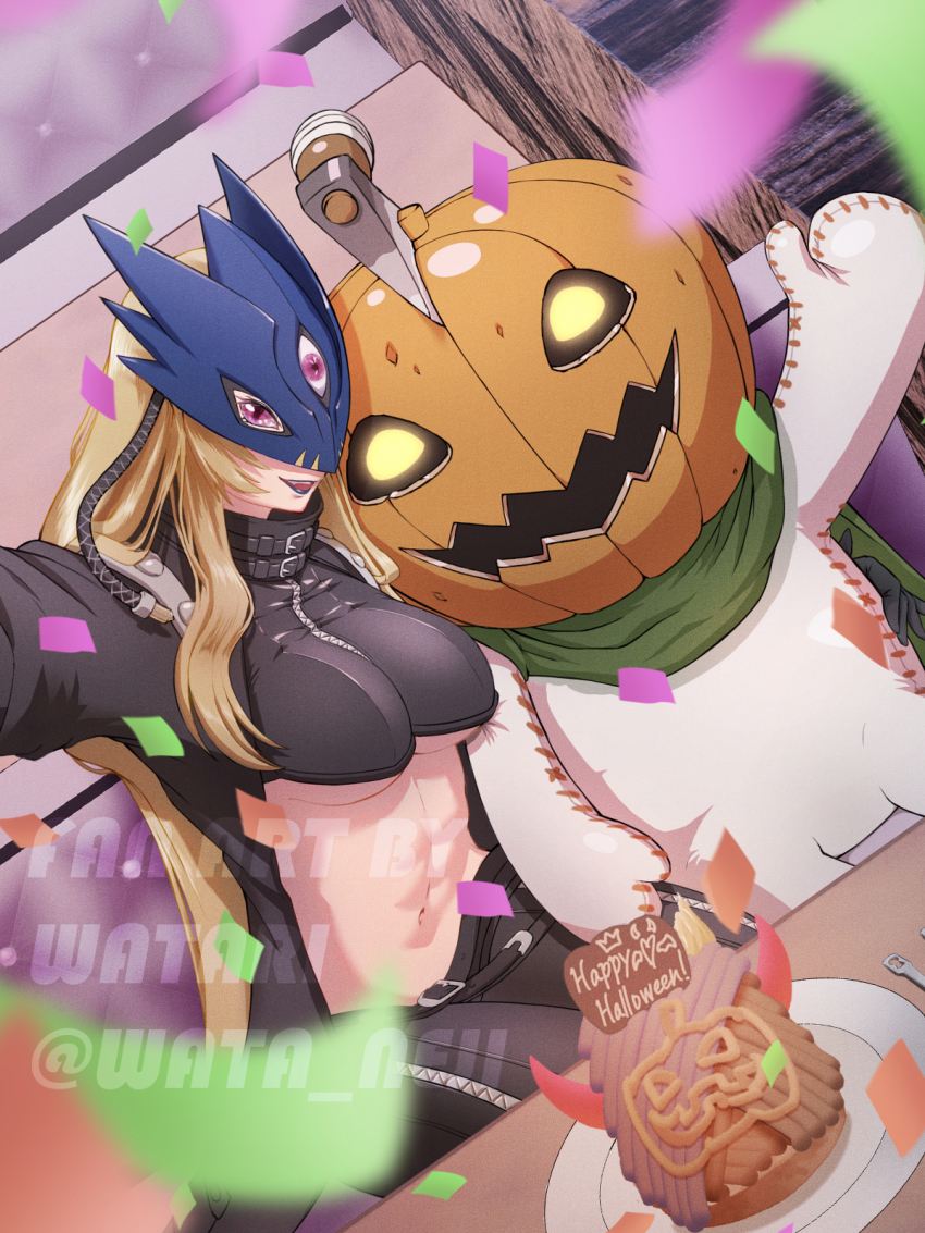 1girl :d abs arm_up axe beelstarmon belt black_belt black_coat black_pants black_vest blonde_hair blue_mask breasts coat commentary_request confetti couch cropped_vest digimon digimon_(creature) dutch_angle eye_mask food gloves green_scarf halloween happy_halloween highres indoors jack-o&#039;-lantern_head large_breasts leather leather_pants lipstick long_hair looking_at_viewer makeup mask monster mont_blanc_(food) navel on_couch open_mouth outstretched_arm pants plate pumpmon purple_eyes purple_lips scarf selfie sidelocks sitting smile stomach table teeth third_eye tight_clothes tight_pants underboob upper_teeth_only vest wata_neji watermark wide_hips zipper