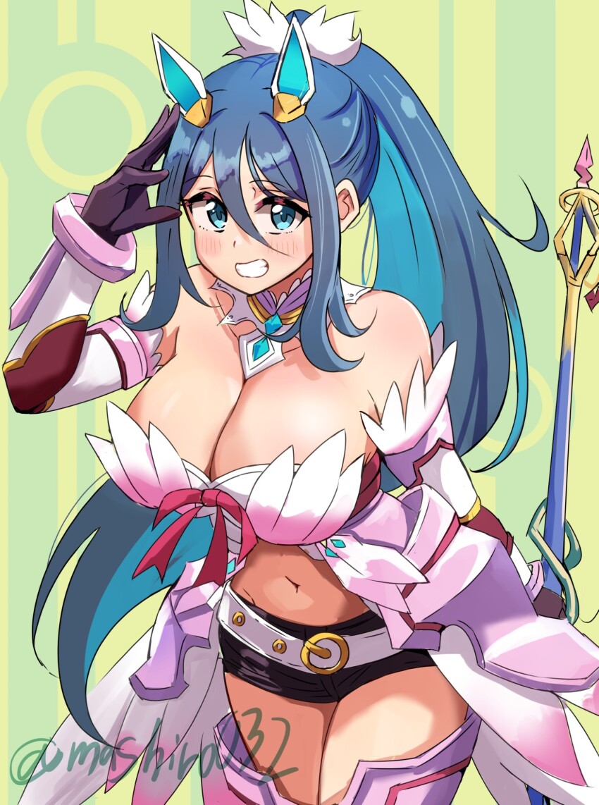 1girl bare_shoulders belt black_shorts blue_eyes blue_hair breasts cleavage commentary_request detached_sleeves ereka fire_emblem gloves hair_between_eyes hair_ornament highres holding holding_polearm holding_weapon large_breasts looking_at_viewer navel nintendo oribe_tsubasa polearm ponytail revision short_shorts shorts smile solo teeth tokyo_mirage_sessions_fe twitter_username weapon white_belt