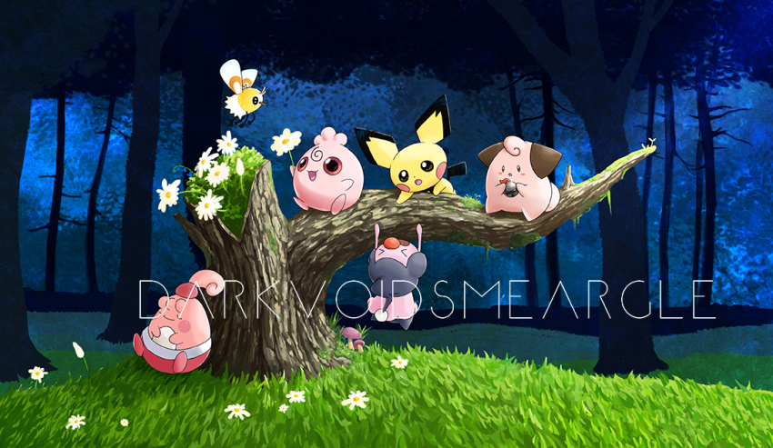 :d :o artist_name blush_stickers cleffa closed_eyes closed_mouth commentary creatures_(company) cutiefly darkvoiddoble flower forest game_freak gen_2_pokemon gen_4_pokemon gen_7_pokemon grass happiny holding holding_flower igglybuff mime_jr. moss mushroom nature nintendo no_humans open_mouth outdoors pichu pokemon pokemon_(creature) sleeping smile tree tree_stump watermark white_flower