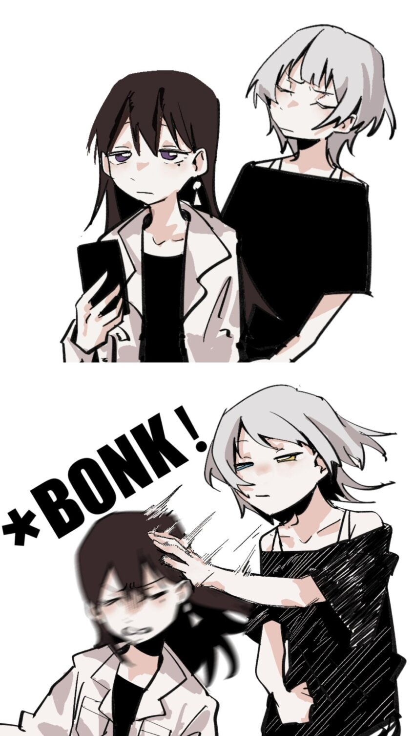 2girls bang_dream! bang_dream!_it&#039;s_mygo!!!!! black_shirt blue_eyes bonk brown_hair cellphone closed_eyes closed_mouth commentary earrings english_commentary hand_on_another&#039;s_head highres hitting holding holding_phone jewelry kaname_raana long_hair medium_hair mole mole_under_eye multiple_girls open_clothes open_shirt phone purple_eyes shiina_taki shirt simple_background smartphone white_background white_hair white_shirt yellow_eyes zongchi