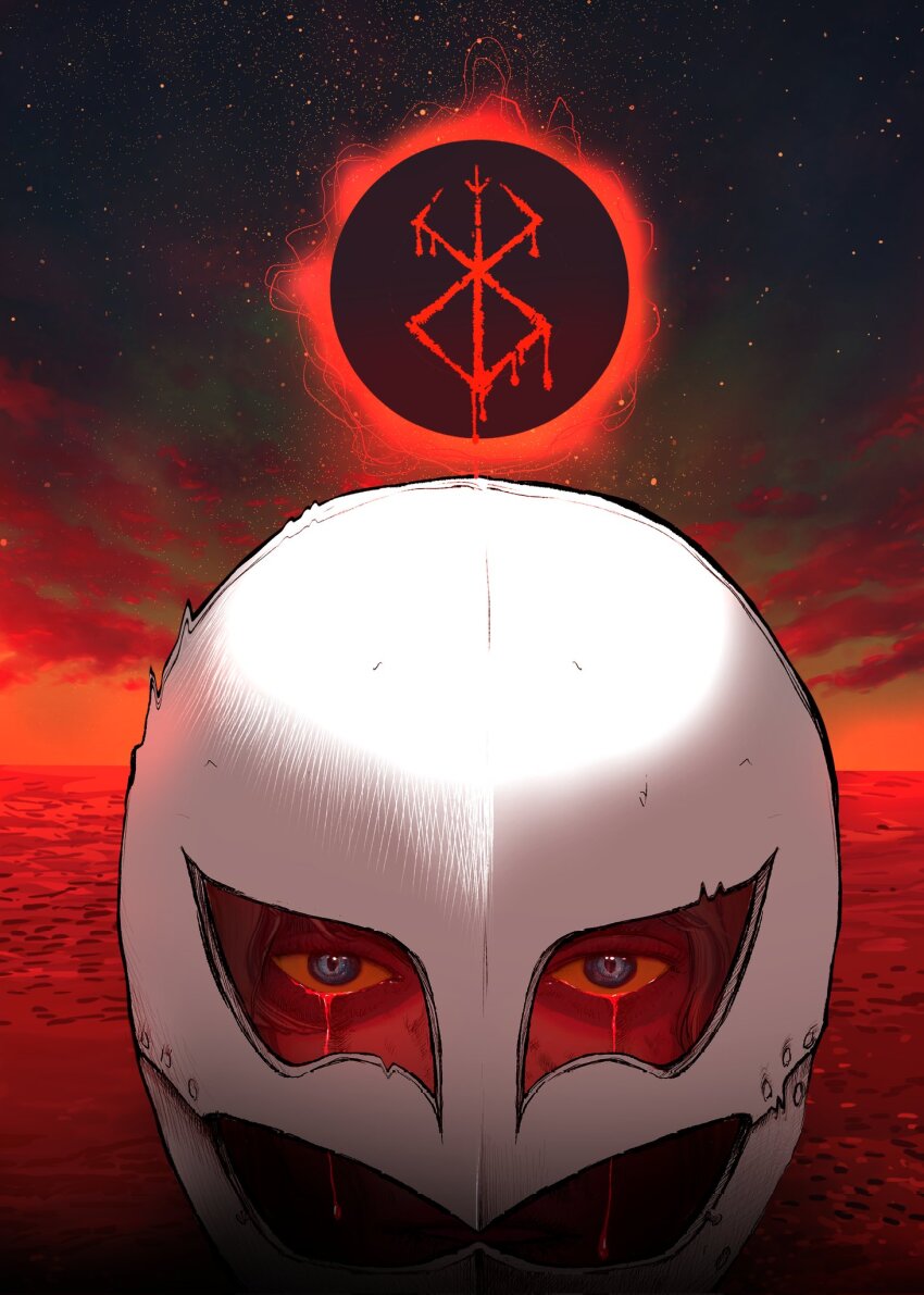 1boy berserk blood bloody_tears blue_eyes brand_of_sacrifice commentary eclipse english_commentary facing_viewer femto_(berserk) griffith_(berserk) helmet highres male_focus nisino2222 red_theme solar_eclipse solo straight-on