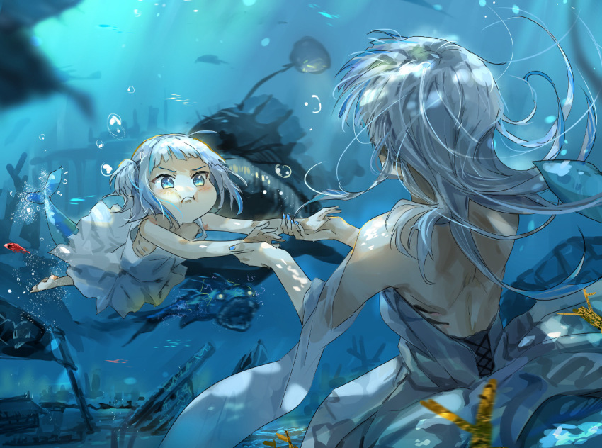 2girls aged_down air_bubble anglerfish backless_dress backless_outfit blue_hair blue_nails bubble commentary_request dress fins fish fish_tail funi_mu9 gawr_gura gills hand_grab holding_breath hololive hololive_english long_hair mama_shark_(gawr_gura) mother_and_daughter multiple_girls shark_girl shark_tail strapless strapless_dress swimming tail two_side_up underwater virtual_youtuber white_dress