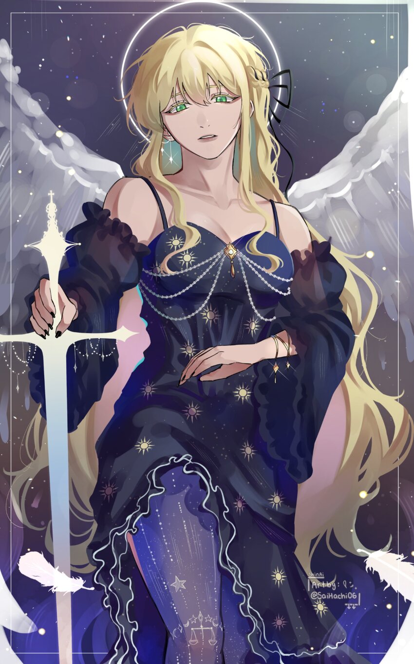 1girl absurdres black_dress blonde_hair blue_pantyhose breasts cleavage contrapposto detached_sleeves dress feathered_wings feet_out_of_frame green_eyes hair_over_shoulder halo halo_behind_head head_tilt highres holding holding_sword holding_weapon knee_up long_hair looking_at_viewer omniscient_reader&#039;s_viewpoint pantyhose parted_lips planted planted_sword planted_weapon saihachi06 solo spaghetti_strap sword uriel_(omniscient_reader&#039;s_viewpoint) very_long_hair weapon white_wings wings