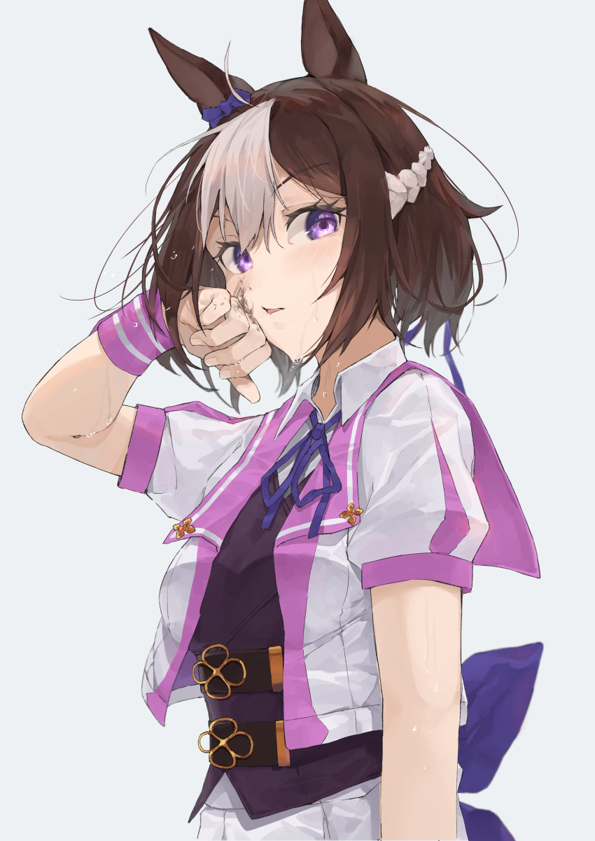 1girl 9_no_seicho_nikki absurdres ahoge animal_ears arm_at_side blush bow breasts brown_hair collared_shirt cropped_jacket dirty dirty_face ear_bow grey_background hand_up highres horse_ears looking_at_viewer mud multicolored_hair neck_ribbon parted_lips puffy_short_sleeves puffy_sleeves purple_eyes purple_vest ribbon shirt short_hair short_sleeves simple_background skirt small_breasts solo special_week_(umamusume) sweat two-tone_hair umamusume upper_body vest white_skirt wiping_face wristband