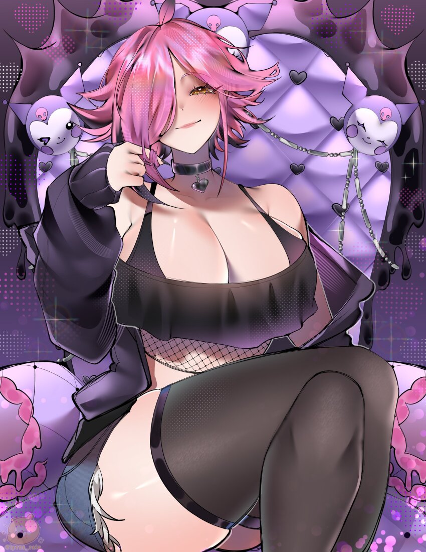 1girl absurdres ahoge alternate_hairstyle artist_request blush chair fishnets highres indie_virtual_youtuber kuromi nene_efthy one_eye_covered pantyhose pink_hair sanrio sitting smile virtual_youtuber yellow_eyes