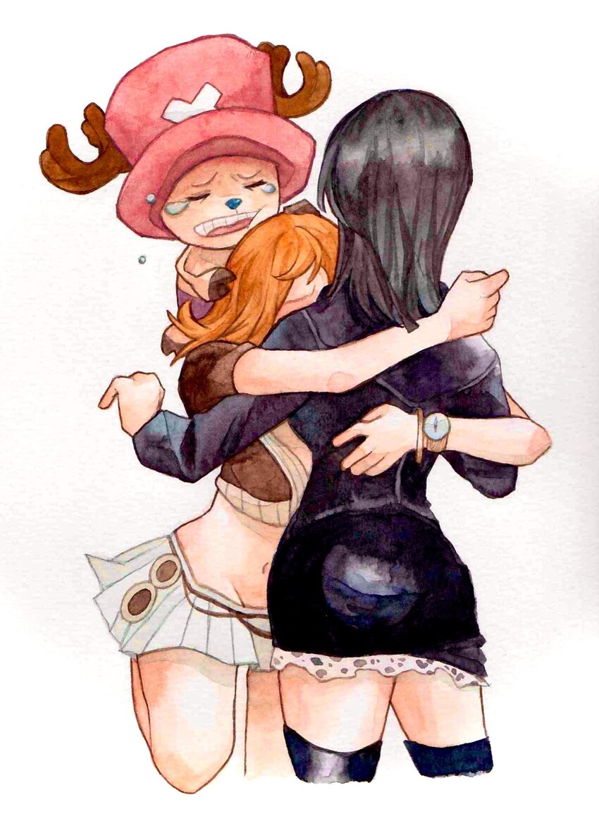 1boy 2girls affectionate black_dress black_hair boots crop_top cropped_legs crying dress happy_tears hat highres hug leather_dress log_pose long_sleeves medium_hair midriff multiple_girls nami_(one_piece) nami_(one_piece)_(enies_lobby) navel nico_robin nico_robin_(water_7) on_head one_piece orange_hair painting_(medium) pink_hat sinoda_maru7326 tears thigh_boots tony_tony_chopper traditional_media watercolor_(medium) white_background white_dress