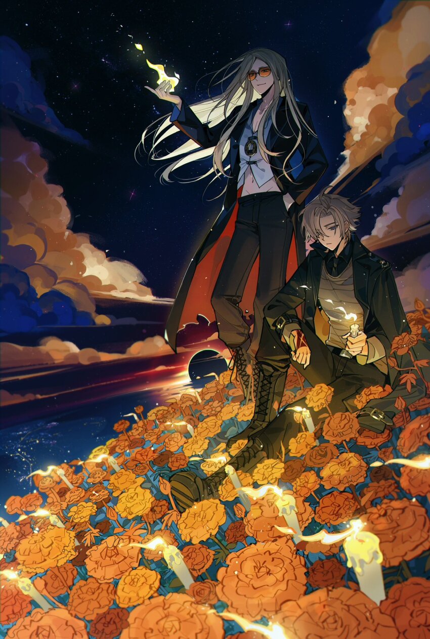 23hr55min 2boys black_coat black_pants blonde_hair blue_eyes candle cloud coat daybit_sem_void dia_de_muertos fate/grand_order fate_(series) highres long_hair marigold multiple_boys pants purple_eyes sky sunglasses sunset tezcatlipoca_(fate)