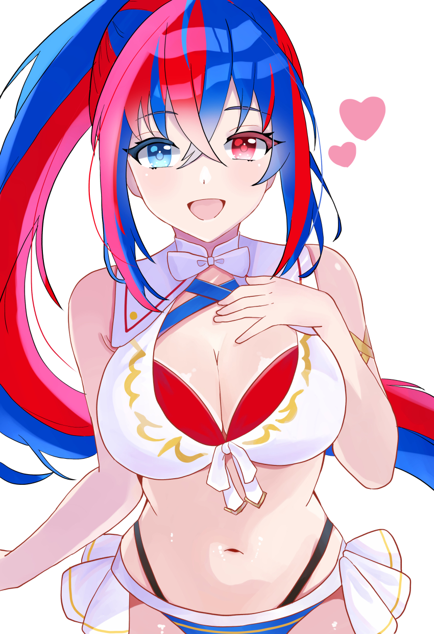 1girl absurdres bikini blue_bikini blue_eyes blue_hair breasts cleavage commentary_request crossed_bangs female_alear_(fire_emblem) female_alear_(seaside_dragon)_(fire_emblem) fire_emblem fire_emblem_engage fire_emblem_heroes hand_on_own_chest heart heterochromia highres long_hair looking_at_viewer multicolored_hair n_54 navel nintendo official_alternate_costume official_alternate_hairstyle ponytail red_bikini red_eyes red_hair shirt split-color_hair stomach swimsuit two-tone_hair very_long_hair white_background white_bikini
