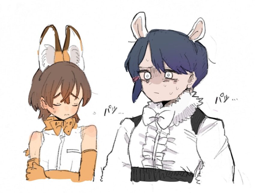 010mzam 1boy 1girl animal_ears animal_print anteater_ears bare_shoulders black_corset black_hair blush bow bowtie brown_hair captain_(kemono_friends) cat_ears cat_print center_frills closed_eyes corset cosplay crossdressing embarrassed fake_animal_ears frills fur_collar gloves hair_between_eyes kemono_friends kemono_friends_3 long_sleeves multiple_persona print_bow print_bowtie serval_(kemono_friends) serval_(kemono_friends)_(cosplay) shirt short_hair sidelocks sleeveless southern_tamandua_(kemono_friends) southern_tamandua_(kemono_friends)_(cosplay) sweatdrop upper_body white_bow white_bowtie white_fur white_shirt yellow_bow yellow_bowtie yellow_gloves