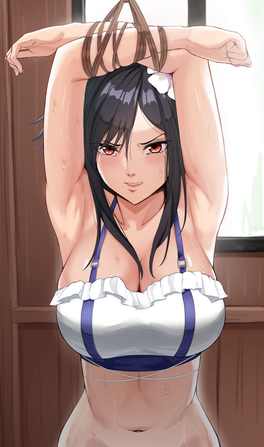 1girl absurdres armpits bdsm black_hair bondage bound bound_arms breasts commentary commission crying english_commentary final_fantasy final_fantasy_vii final_fantasy_vii_rebirth final_fantasy_vii_remake highres human_trafficking indoors kidnapped kidnapped_girl kidnapping large_breasts long_hair looking_at_viewer navel no_escape official_alternate_costume parted_lips red_eyes restrained saliva second-party_source slave solo streaming_tears sweat tears tetsuffy_(tetsulul) this_is_your_life_now tifa_lockhart tifa_lockhart_(shining_spirit) v-shaped_eyebrows window worried worried_look