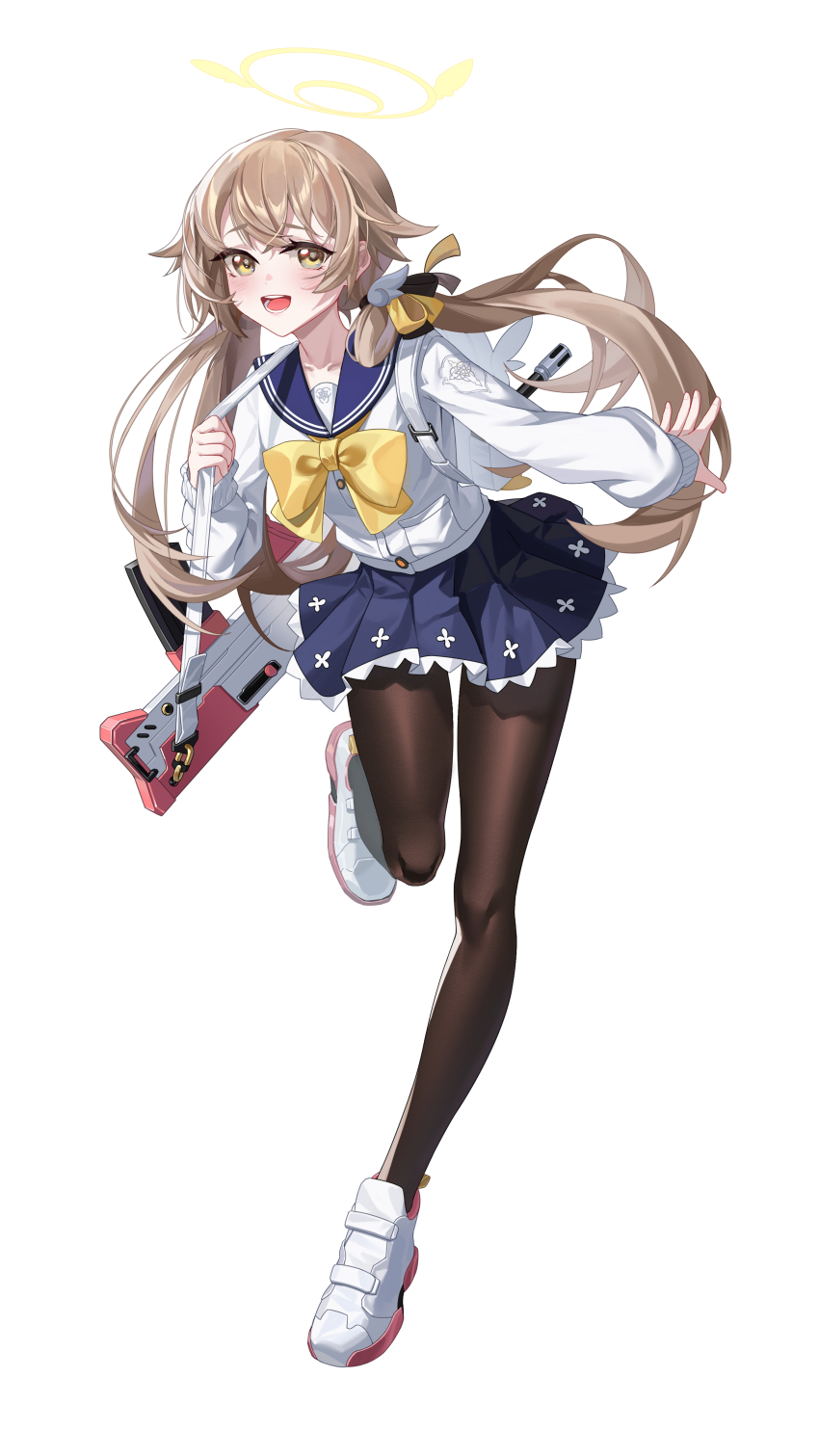 1girl :d absurdres assault_rifle backpack bag black_pantyhose blue_archive blue_skirt blush bow breasts bullpup cardigan commentary_request frills full_body gun hair_flaps hair_ornament halo hifumi_(blue_archive) highres l85 light_brown_hair long_hair long_sleeves looking_at_viewer low_twintails miniskirt open_mouth pantyhose pleated_skirt rifle sailor_collar school_uniform shoes simple_background skirt smile solo standing standing_on_one_leg teeth twintails weapon white_background white_bag white_cardigan white_shoes wing_hair_ornament winged_bag winged_halo yellow_bow yellow_eyes yellow_halo zhu_fun_(pixiv_21401851)
