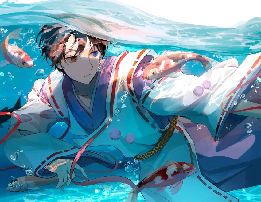 1boy air_bubble animal brown_hair bubble closed_mouth commentary cropped_legs fish hair_between_eyes heterochromia highres koi layered_clothes looking_at_animal male_focus multicolored_clothes parted_lips patterned_clothing patterned_sash red_ribbon ribbon ribbon_trim robe sash shusuzu simple_background solo underwater watanuki_kimihiro water white_background white_robe wide_sleeves xxxholic