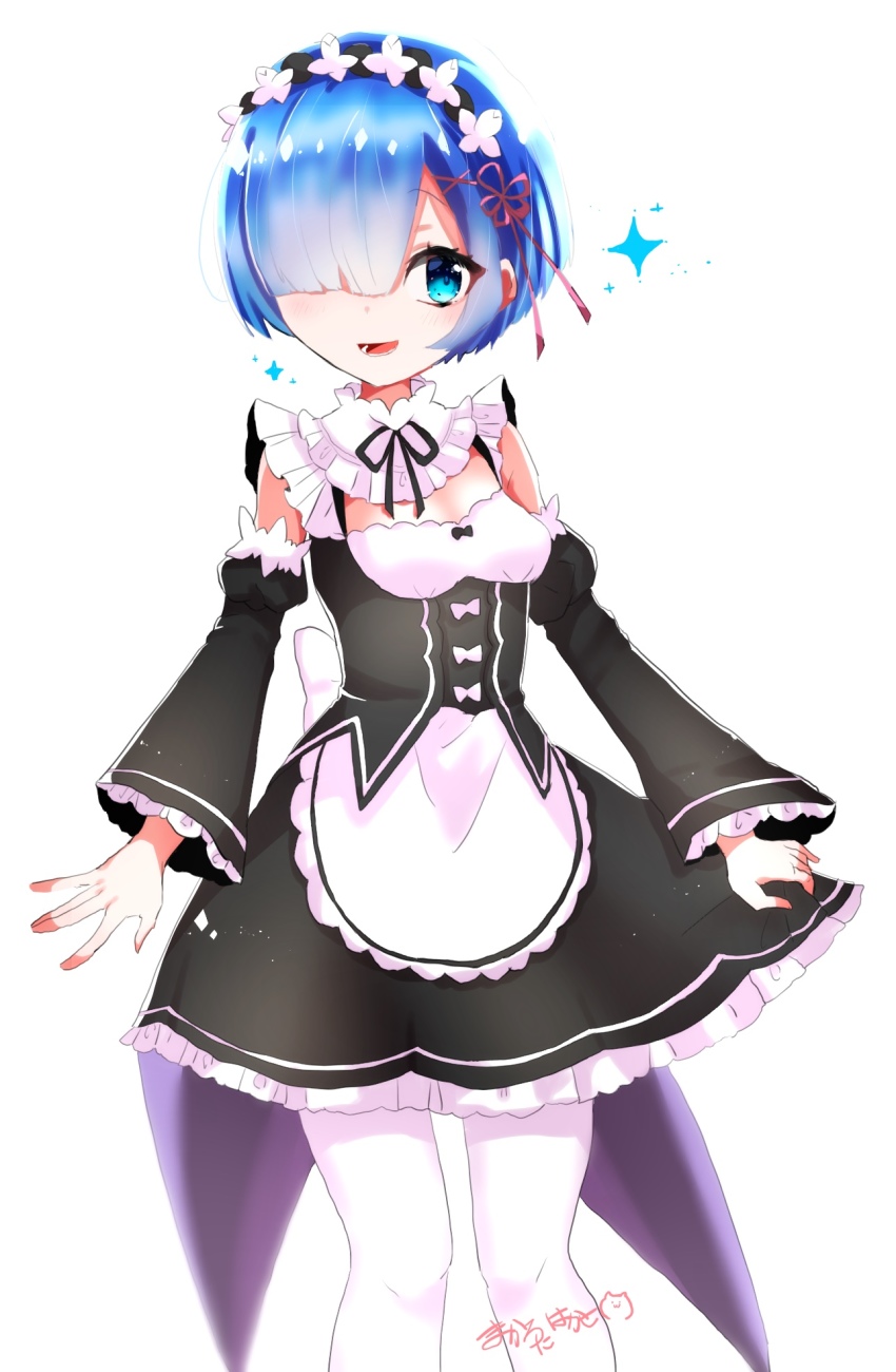 10s black_bow blue_eyes blue_hair blush bow breasts choker commentary_request detached_sleeves flower frilled_skirt frills hair_flower hair_ornament hair_over_one_eye hair_ribbon head_wreath highres looking_at_viewer lying maid makalo_ni_hakase on_side pantyhose parted_bangs purple_ribbon re:zero_kara_hajimeru_isekai_seikatsu rem_(re:zero) ribbon ribbon-trimmed_legwear ribbon-trimmed_sleeves ribbon_trim short_hair simple_background skirt small_breasts smile solo standing white_background white_bow white_flower white_pantyhose