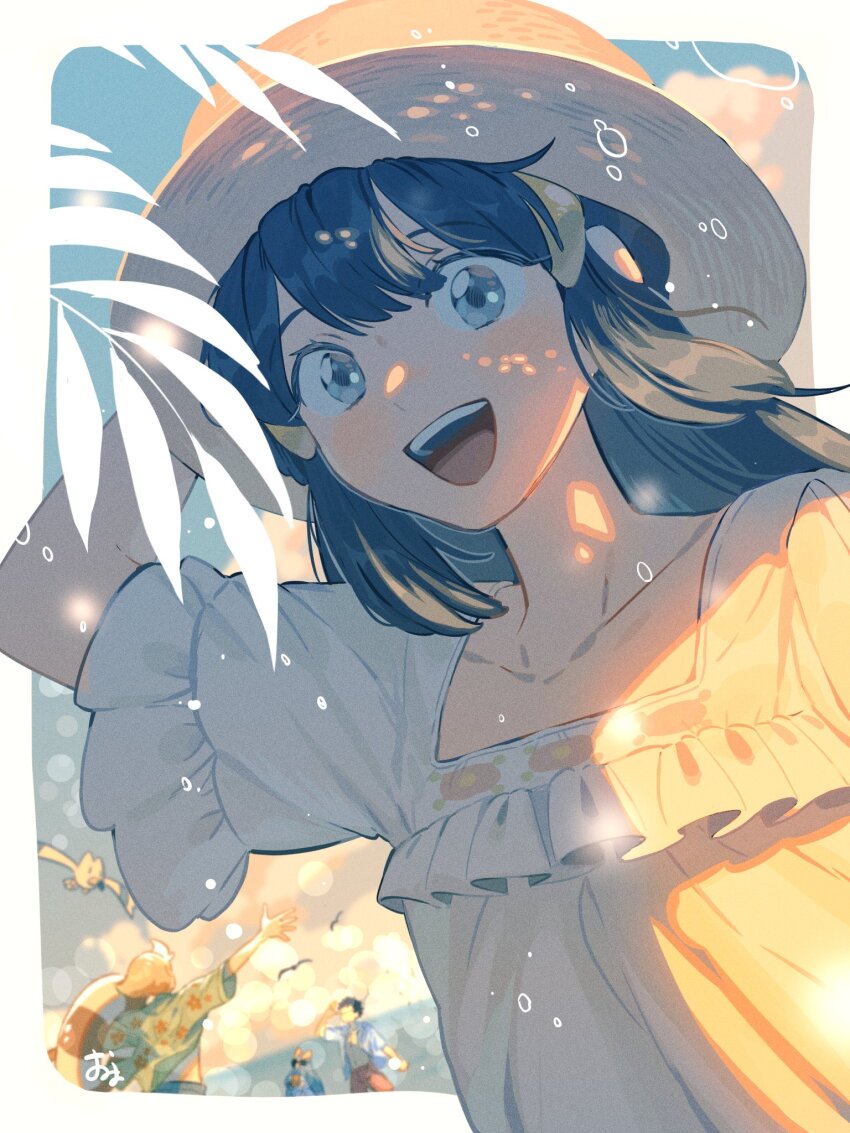 1girl 2boys :d arm_up barry_(pokemon) black_hair collarbone commentary_request dawn_(pokemon) day frills gen_3_pokemon gen_4_pokemon grey_eyes hair_ornament hairclip happy hat highres long_hair lucas_(pokemon) multiple_boys nintendo official_alternate_costume omyo_(myomyomyo22) open_mouth outdoors pokemon pokemon_(creature) pokemon_bdsp prinplup shirt short_sleeves signature smile solo_focus teeth upper_teeth_only white_shirt wingull