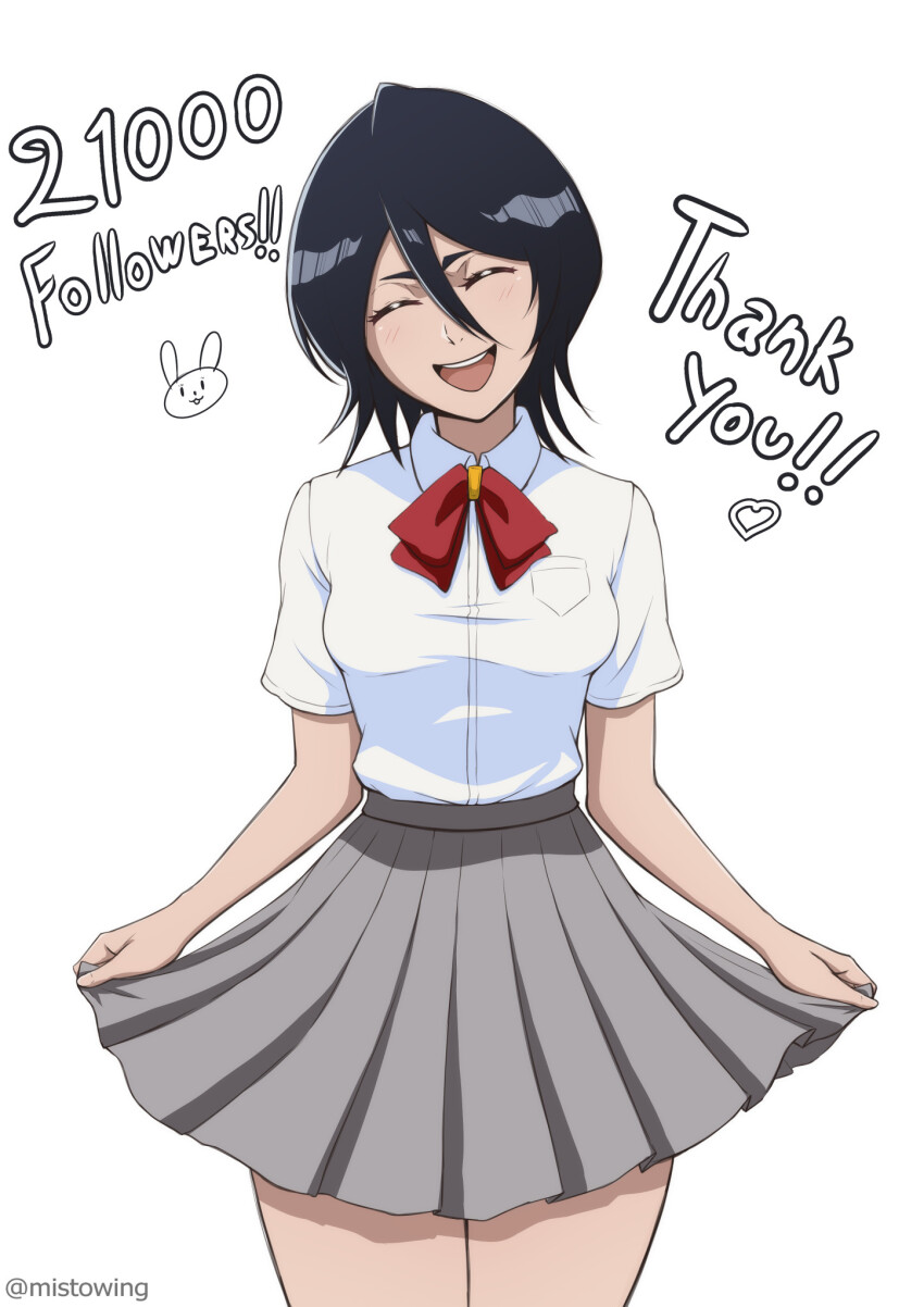 1girl :d artist_name black_hair bleach blush bob_cut bow bowtie breast_pocket breasts closed_eyes cowboy_shot curtsey facing_viewer grey_skirt hair_between_eyes head_tilt heart highres kuchiki_rukia light_blush long_bangs milestone_celebration mistowing open_mouth pleated_skirt pocket rabbit_symbol red_bow red_bowtie school_uniform shirt short_sleeves simple_background skirt skirt_hold small_breasts smile solo standing summer_uniform teeth thick_eyebrows twitter_username upper_teeth_only white_background white_shirt