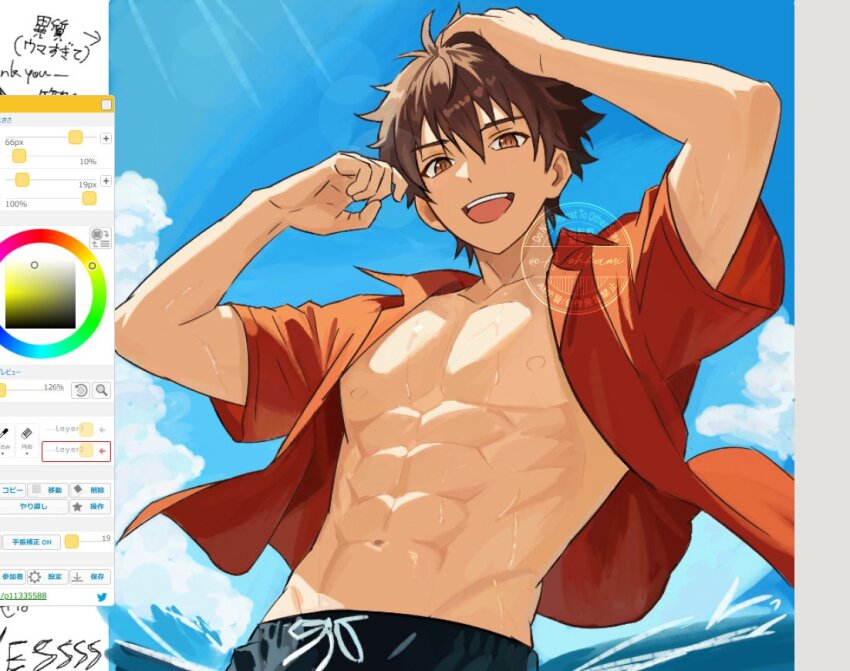 1boy a_ohkami abs arm_up brown_eyes brown_hair cloud drawstring dress_shirt ensemble_stars! hand_on_own_head hand_up looking_at_viewer male_focus morisawa_chiaki navel open_clothes open_mouth open_shirt outdoors red_shirt shirt short_hair short_sleeves sky smile solo unfinished upper_body watermark