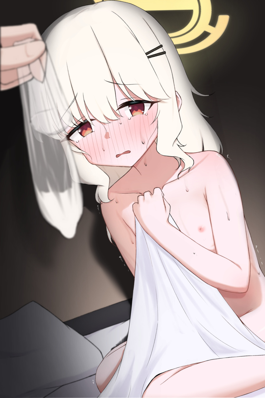 1girl absurdres aoba_(blue_archive) blue_archive blush commentary condom flat_chest hair_ornament hairclip halo highres implied_after_sex loli mintchoco_(minchothudong) nipples nose_blush nude open_mouth parted_lips pov red_eyes sitting used_condom wariza white_hair yellow_halo