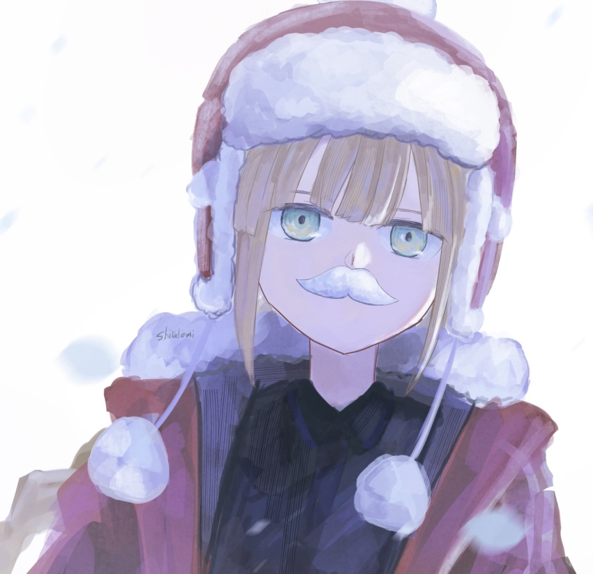 1boy artist_name black_shirt blonde_hair captain_nemo_(fate) commentary_request expressionless fake_facial_hair fake_mustache fate/grand_order fate_(series) fur-trimmed_headwear fur-trimmed_jacket fur_hat fur_trim green_eyes hat head_tilt highres jacket looking_at_viewer male_focus nemo_(fate) captain_nemo_(santa)_(fate) open_clothes open_jacket pom_pom_(clothes) red_hat red_jacket shirt shitodo_mi sidelocks snowing solo upper_body ushanka white_background