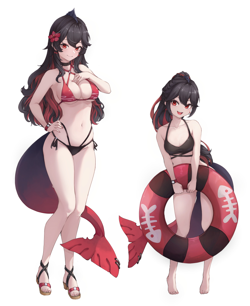 1girl absurdres akami_chiyo bikini black_hair breasts cleavage earrings fins fish_earrings fish_tail flower full_body hair_between_eyes hair_flower hair_ornament head_fins highres holding holding_swim_ring indie_virtual_youtuber innertube jewelry long_hair looking_at_viewer medium_breasts multicolored_hair navel open_mouth ponytail red_eyes red_hair sharp_teeth shironagase smile streaked_hair swim_ring swimsuit tail teeth virtual_youtuber