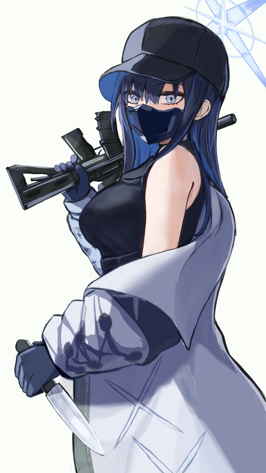 1girl absurdres assault_rifle asymmetrical_dual_wielding bare_shoulders baseball_cap black_hat black_shirt blue_archive blue_eyes blue_gloves blue_hair breasts coat commentary cowboy_shot dual_wielding gloves grey_background gun halo hat highres holding holding_gun holding_knife holding_weapon knife large_breasts long_hair long_sleeves looking_at_viewer mask mouth_mask off_shoulder over_shoulder reverse_grip revision rifle saori_(blue_archive) shirasu_mizu shirt sig_516 sig_sauer simple_background sleeveless sleeveless_shirt solo standing weapon weapon_over_shoulder white_coat