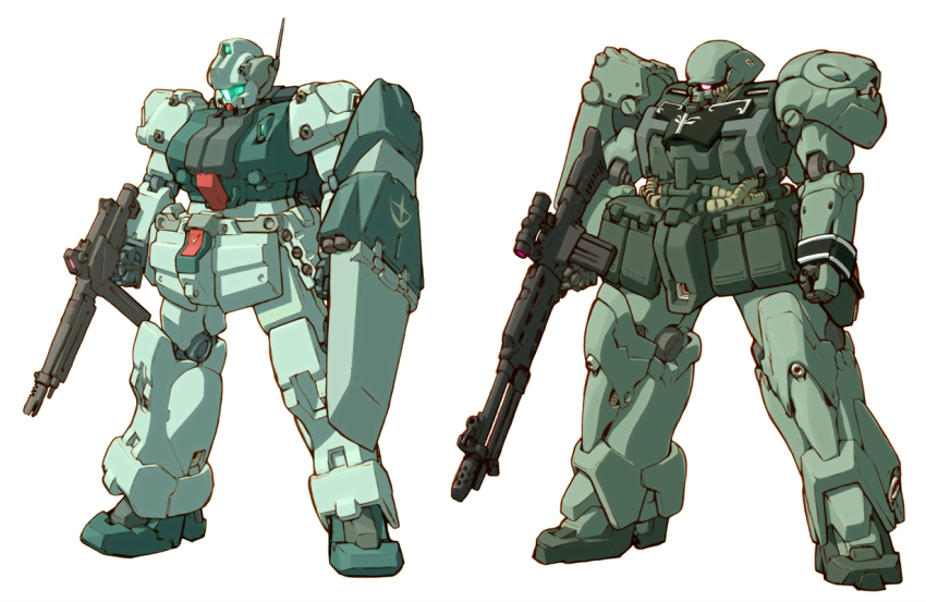 assault_rifle beam_rifle blue_visor cable char&#039;s_counterattack commentary_request concept_art earth_federation energy_gun geara_doga gun gundam holding holding_weapon hose jegan machinery mecha mecha_focus missile_pod mobile_suit neo_zeon no_humans one-eyed original radio_antenna redesign rifle robot roundel science_fiction scope shield tessaku_ro weapon white_background