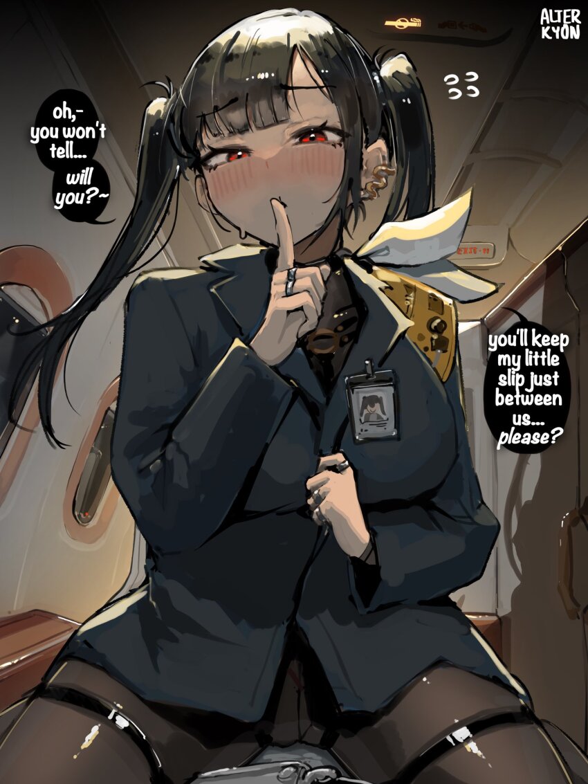 1boy 1girl alterkyon asymmetrical_bangs black_hair black_jacket bodysuit bodysuit_under_clothes breasts commentary earrings english_commentary english_text finger_to_mouth flying_sweatdrops girl_on_top goddess_of_victory:_nikke highres indoors jacket jewelry large_breasts long_hair looking_at_viewer multiple_rings pov red_eyes ring shirt shushing sitting sitting_on_person sora_(nikke) speech_bubble twintails