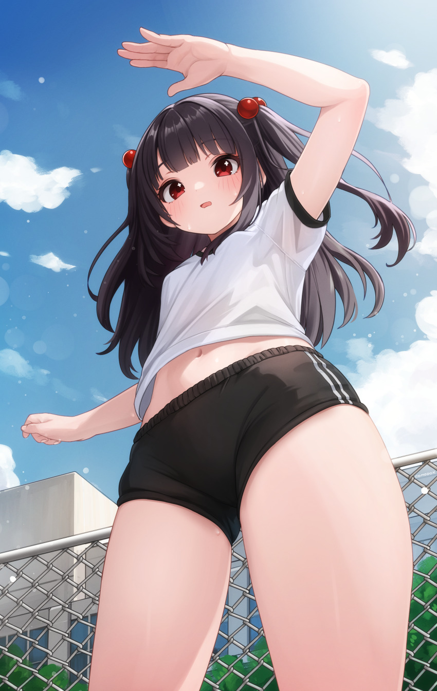 1girl absurdres arm_up black_buruma black_hair blue_sky breasts buruma chain-link_fence cloud commentary comodox day english_commentary fence foreshortening from_below gym_uniform hair_bobbles hair_ornament highres long_hair lulla_(comodox) navel open_mouth original outdoors paid_reward_available red_eyes shirt short_sleeves sky small_breasts solo two_side_up variant_set white_shirt