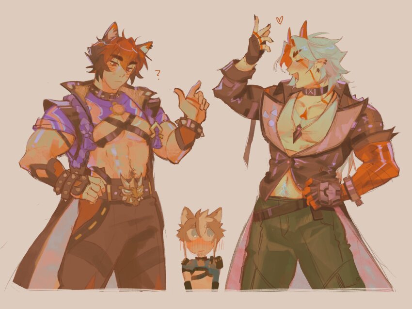 3boys ? abs alternate_costume animal_ears arataki_itto black_choker black_jacket black_nails blush carlozw chest_strap chest_tattoo choker closed_eyes closed_mouth colored_inner_hair commentary cosplay costume_switch crossover dog_ears ear_piercing earrings english_commentary facial_tattoo fingerless_gloves genshin_impact gloves gorou_(genshin_impact) green_pants heart highres horns jacket jewelry komano_manato looking_at_another male_focus male_pubic_hair multicolored_hair multiple_boys muscular muscular_male navel_hair neck_tattoo necklace open_clothes open_jacket open_mouth pants pectoral_cleavage pectorals piercing pubic_hair red_hair red_horns red_tattoo shirt short_hair tattoo white_hair white_shirt zenless_zone_zero