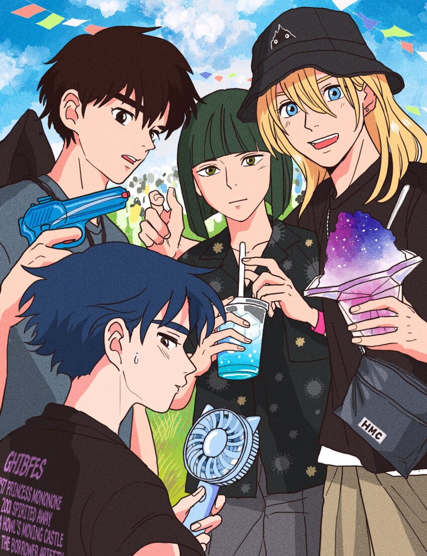 4boys ashitaka blonde_hair blue_eyes blue_hair blue_sky bob_cut brown_hair commentary_request food green_eyes green_hair hair_between_eyes haku_(sen_to_chihiro_no_kamikakushi) hand_fan highres holding holding_fan holding_water_gun howl_no_ugoku_shiro howl_pendragon karigurashi_no_arrietty looking_at_viewer looking_back male_focus medium_hair mononoke_hime multiple_boys rikaco1988 sen_to_chihiro_no_kamikakushi shaved_ice short_hair shou_(karigurashi_no_arrietty) sky studio_ghibli water_gun