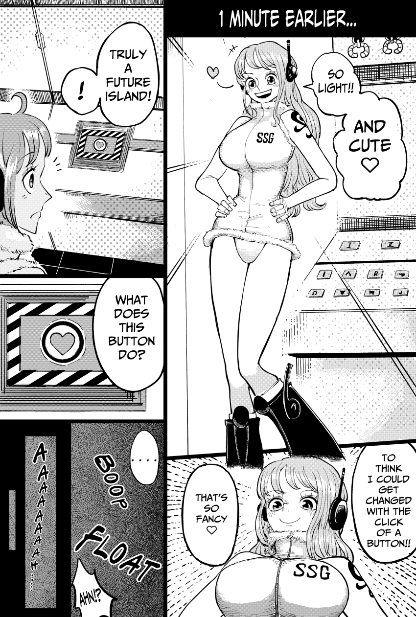 1girl absurdres breasts button greyscale hands_on_own_hips hato_hato_hato headphones highres large_breasts leotard long_hair monochrome nami_(one_piece) nami_(one_piece)_(egghead) one_piece thighs